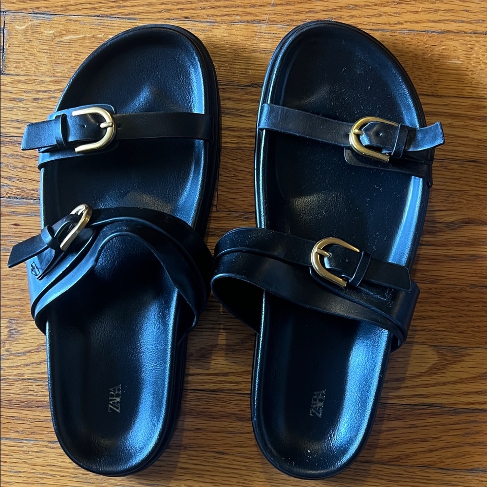 Zara Black Slide Sandals with Gold Buckles - Double Strap